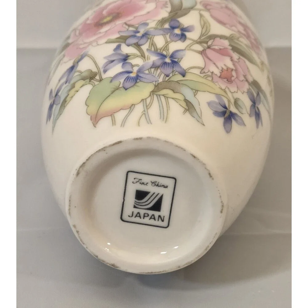 Vintage Japanese Fine‎ China Floral Vases Pair Gold Trim Mid Century Japan